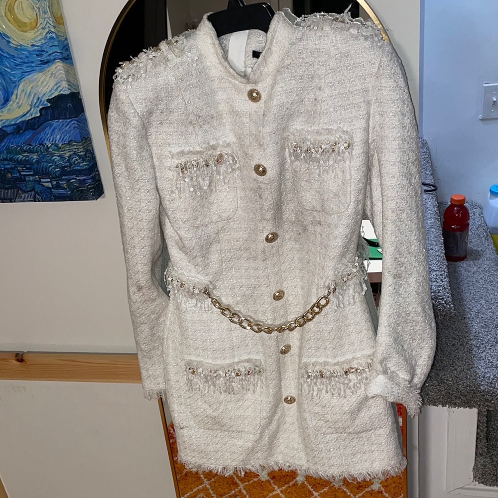 Balmain white tweed short longsleeve dress gold buttons and sequin embellished